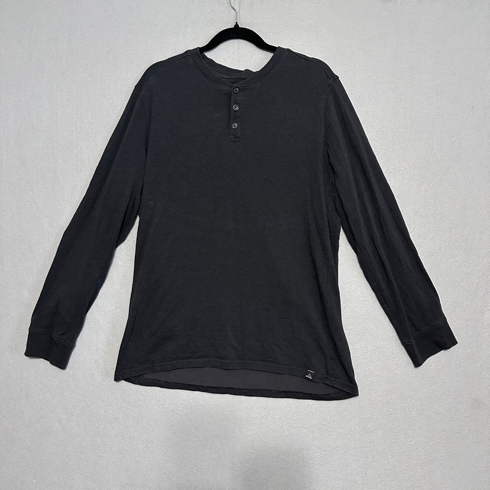Prana Mens Long Sleeve Henley Shirt Charcoal Black Slub Jersey Casual Top